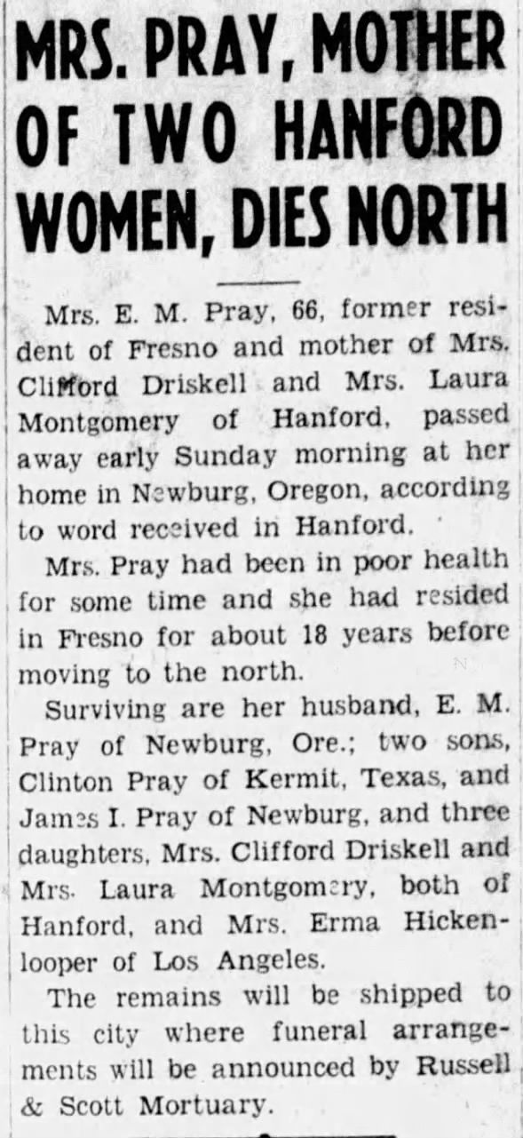 Obituary for E. M. Pray (Aged 66)